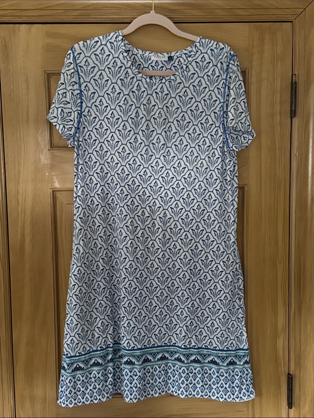 Cabana Life White & Blue Printed Short-Sleeve Shift Dress with Border